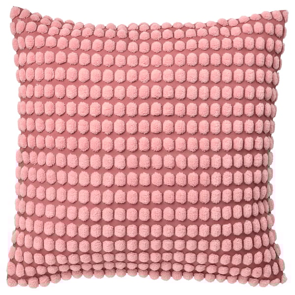 Coixí SVARTPOPEL, pompons de color rosa clar, quadrats, texturitzats, polièster reciclat suau.