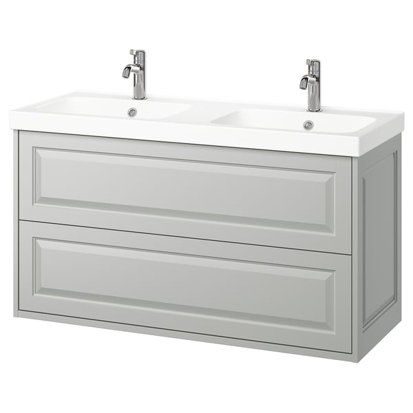 Tocador de paret TÄNNFORSEN gris clar, lavabo doble, vores bisellades.