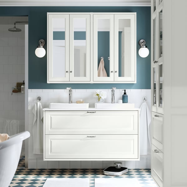 TÄNNFORSEN / ORRSJÖN Moble de lavabo amb calaixos/lavabo, blanc/blanc efecte marbre, 122x49x71 cm