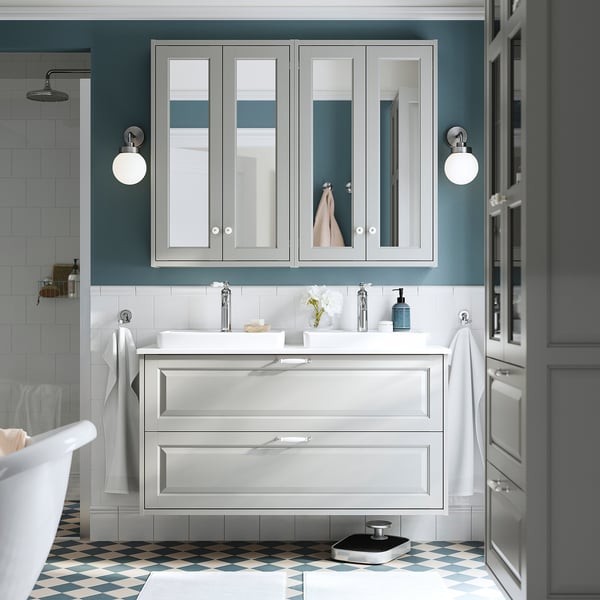 TÄNNFORSEN / ORRSJÖN Moble de lavabo amb calaixos/lavabo, gris clar/blanc efecte marbre, 122x49x71 cm