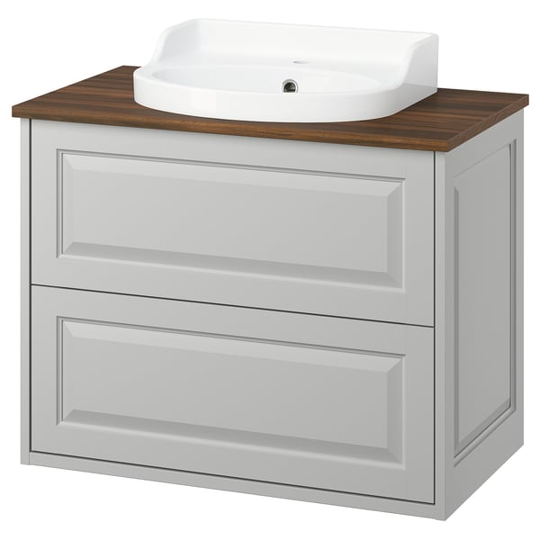 TÄNNFORSEN / RUTSJÖN Moble de lavabo amb calaixos/lavabo, gris clar/marró efecte noguera, 82x49x76 cm