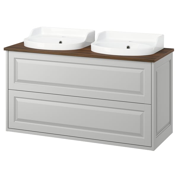 TÄNNFORSEN / RUTSJÖN Moble de lavabo amb calaixos/lavabo, gris clar/marró efecte noguera, 122x49x76 cm
