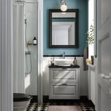 Bany modern: tocador TÄNNFORSEN gris, lavabo rodó, mirall negre, dutxa arran de terra, paret turquesa, rajoles blanques.