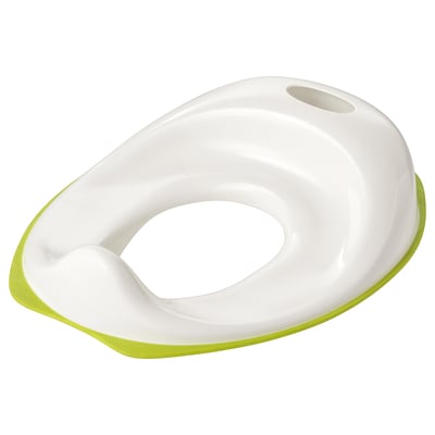Un seient de vàter infantil blanc i verd TOSSIG, amb forma de comoditat, amb vores suaus i fons antilliscant.