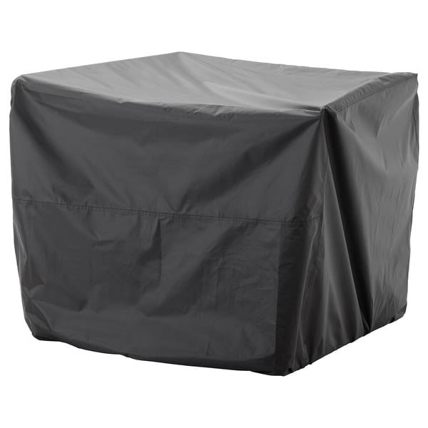 Una funda de mobles d'exterior grisa de forma quadrada feta de polièster impermeable, dissenyada per protegir els mobles del pati de la pluja, el sol, la brutícia i la pols.