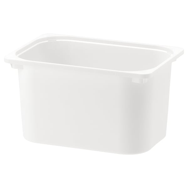 Una caixa d'emmagatzematge de plàstic blanc TROFAST, de forma rectangular amb vores arrodonides, dissenyada per guardar joguines o llibres.