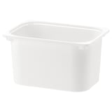 Una caixa d'emmagatzematge de plàstic blanc TROFAST, de forma rectangular amb vores arrodonides, dissenyada per guardar joguines o llibres.