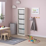 Emmagatzematge TROFAST blanc, joguines, abric, conjunt de trens, catifa.