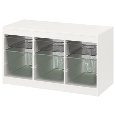 Moble d'emmagatzematge TROFAST blanc amb cistelles de malla, rectangular, de disseny modular.