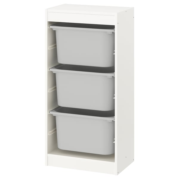Traster TROFAST amb 3 papereres grises, disseny obert per a un fàcil accés. També disponible en blanc.
