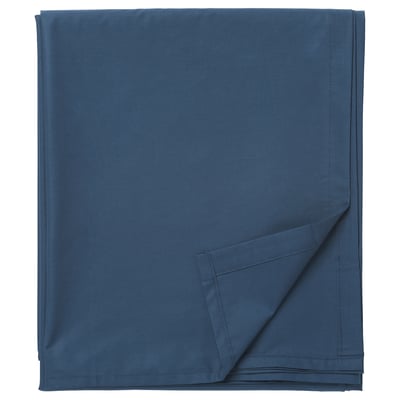 Un llençol blau ULLVIDE ben plegat, fabricat amb un 85% cotó, un 15% lyocell, amb un disseny llis i quadrat.