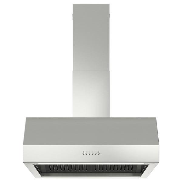 Campana extractora d'acer inoxidable amb llums led i panell de control. Disseny modern, muntatge a la paret i opció sense conductes disponible.