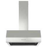 Campana extractora d'acer inoxidable amb llums led i panell de control. Disseny modern, muntatge a la paret i opció sense conductes disponible.