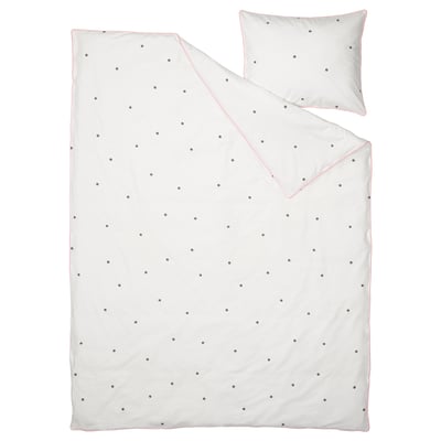 Una funda nòrdica i funda de coixí VÄNKRETS blanca amb rivets roses i patrons de punts, feta de cotó i viscosa, perfectament plegada.