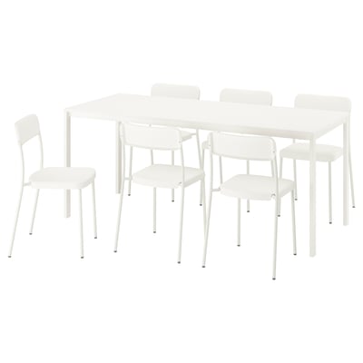 Un conjunt de menjador VIHALS blanc amb taula rectangular i quatre cadires apilables. Disseny modern, durador, fàcil de netejar.