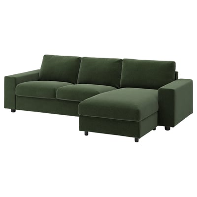 VIMLE Sofà de 3 places amb chaise longue, amb braços amples/Johanneshov verd fosc