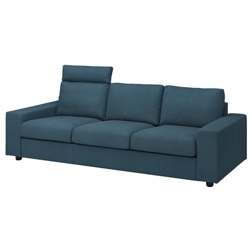 Sofà blau de 3 places, disseny modern, teixit suau, reposacaps, forma còmoda.