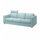 Un sofà VIMLE blau clar amb tres seients, reposacaps encoixinats i un disseny elegant.