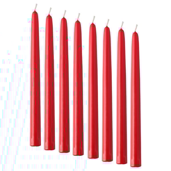 Vuit espelmes vermelles seguides, detall VINTERFINT, color vermell, forma recta, material d'estearina, cremada constant.