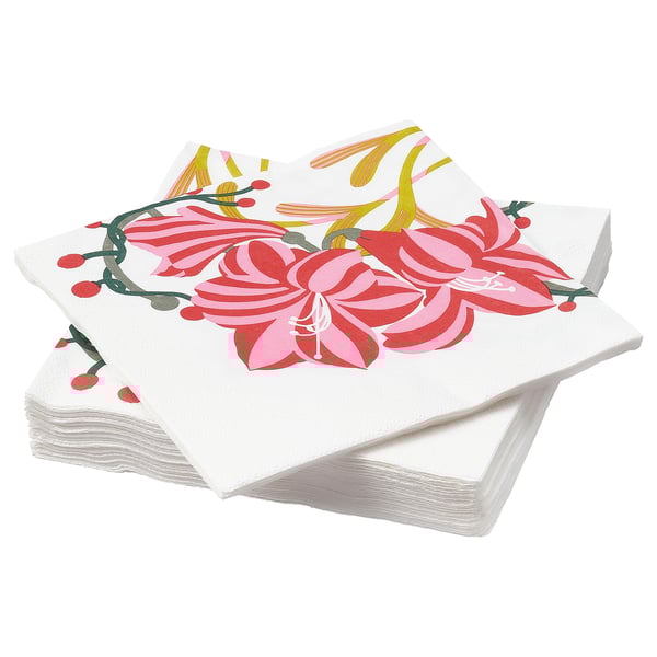 Pila de tovallons florals VINTERFINT, blancs amb flors vermelles i roses, forma triangular.