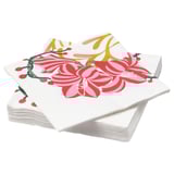 Pila de tovallons florals VINTERFINT, blancs amb flors vermelles i roses, forma triangular.