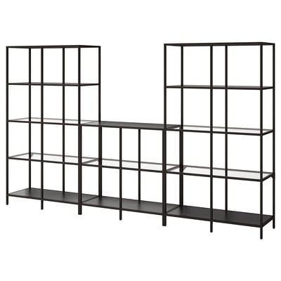 Prestatgeria VITTSJÖ negra amb prestatges de vidre, disseny modern i minimalista.