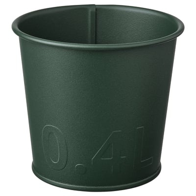 ÅKERBÄR green metal planter, cylinder-shaped with embossed size 0. 4l, texture finish.