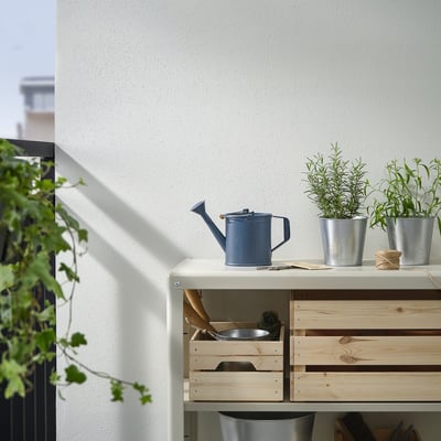 Blue ÅKERBÄR acacia steel watering can with plants