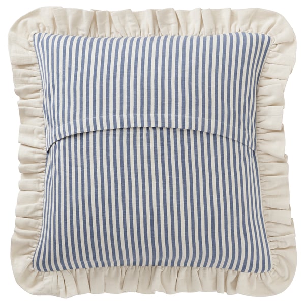 Blue and white striped cushion with ruffled edges, hand-embroidered and cotton-made.