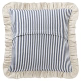 Blue and white striped cushion with ruffled edges, hand-embroidered and cotton-made.