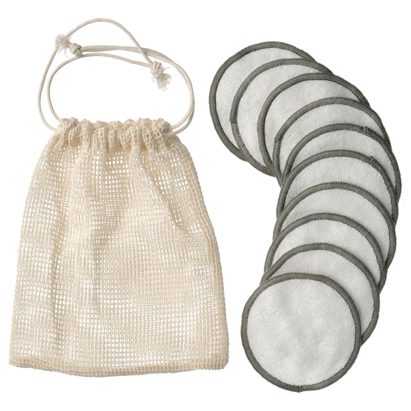 ÅKERRÄTTIKA: set of white reusable cleansing pads with grey edges in mesh bag.