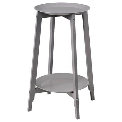 A grey ALPVIDE plant stand with a round steel tray and wooden legs in a minimalist design.