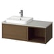 Modern wall-mounted bathroom vanity in light brown wood with a white countertop and square sink, offering minimalist style and practical storage.