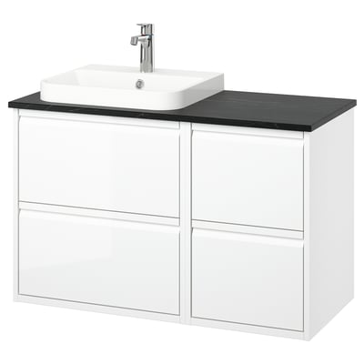 ÄNGSJÖN: white wall-hung vanity, 4 drawers, black marble countertop, square modern sink.