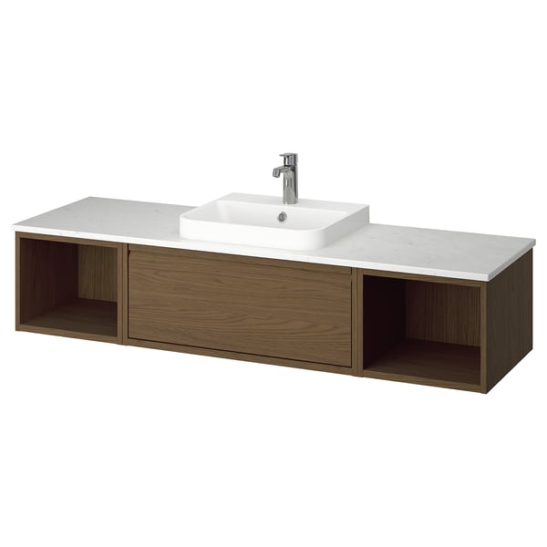 ÄNGSJÖN floating bathroom vanity in brown oak with white countertop, square basin, and open sides.