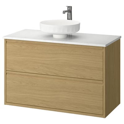 Modern wooden vanity, white marble top & bowl, chrome faucet. Wall-mount, two drawers. Oak finish.