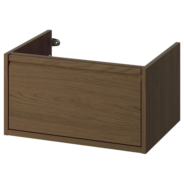 Brown oak wall-mounted bathroom storage with handles