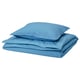 An ÄNGSLILJA blue duvet and pillowcase set, featuring soft, breathable 100% cotton in a folded square shape.
