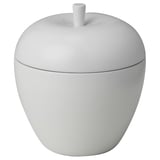White ANSPRÅKSLÖS apple-shaped candle jar with lid, made of tinplate, holding a scented candle.