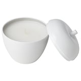 ANSPRÅKSLÖS white candle with lid, round, tinplated steel. Stores items when used.