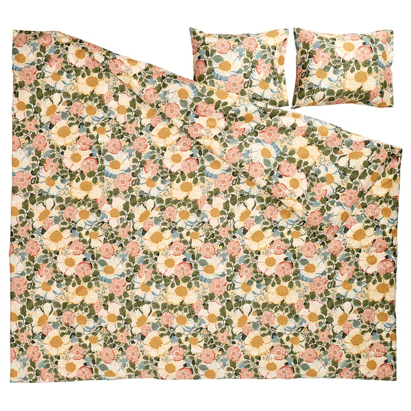 Arnebok duvet set, beige, floral pattern, soft cotton-lyocell, rectangular with pillowcases.
