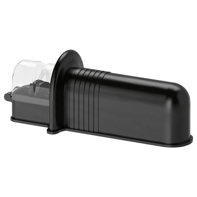 A black ASPEKT knife sharpener, featuring vertical grooves and a clear lid, ideal for maintaining sharp knives.