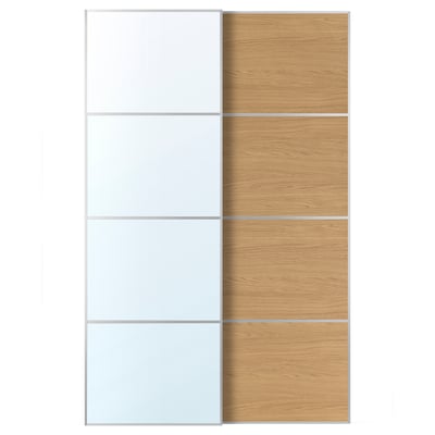 AULI / MEHAMN Pair of sliding doors, aluminium mirror glass/double sided oak effect, 150x236 cm