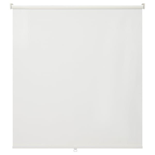 White roller blind with light-filtering fabric, aluminum, and plastic components.