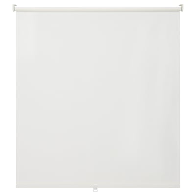 White roller blind with light-filtering fabric, aluminum, and plastic components.