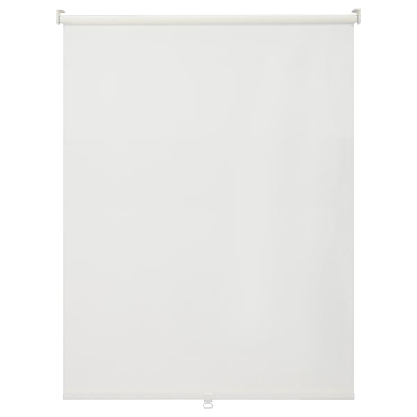 The BACKMOTT white roller blind is made of recycled polyester, featuring a sleek design with soft closing function.