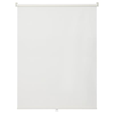 The BACKMOTT white roller blind is made of recycled polyester, featuring a sleek design with soft closing function.