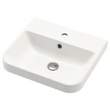 BACKSJÖN white marble sink, modern, semi-recessed design, chrome drain and faucet holes, sleek edge, clean look.