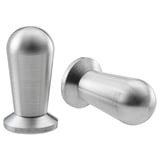 Two stainless steel BAGGANÄS knobs; one round with a flat base, the other cylindrical with a smooth finish. Modern, minimalist design.