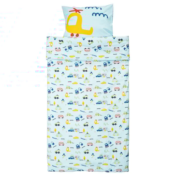 Alt: kids BARNDRÖM bedding, light blue vehicle prints, cotton duvet & pillowcase.